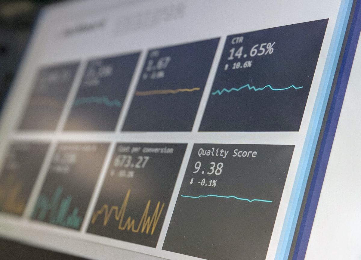 Turned on monitoring screen showing financial data metrics and analytics dashboard